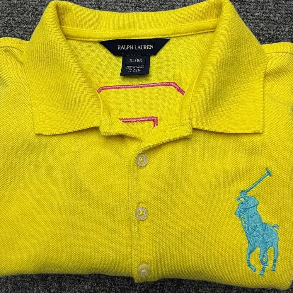 Ralph Lauren Big Pony Polo Shirt Girls XL 16 Yellow Blue Logo #3 Cotton PERU